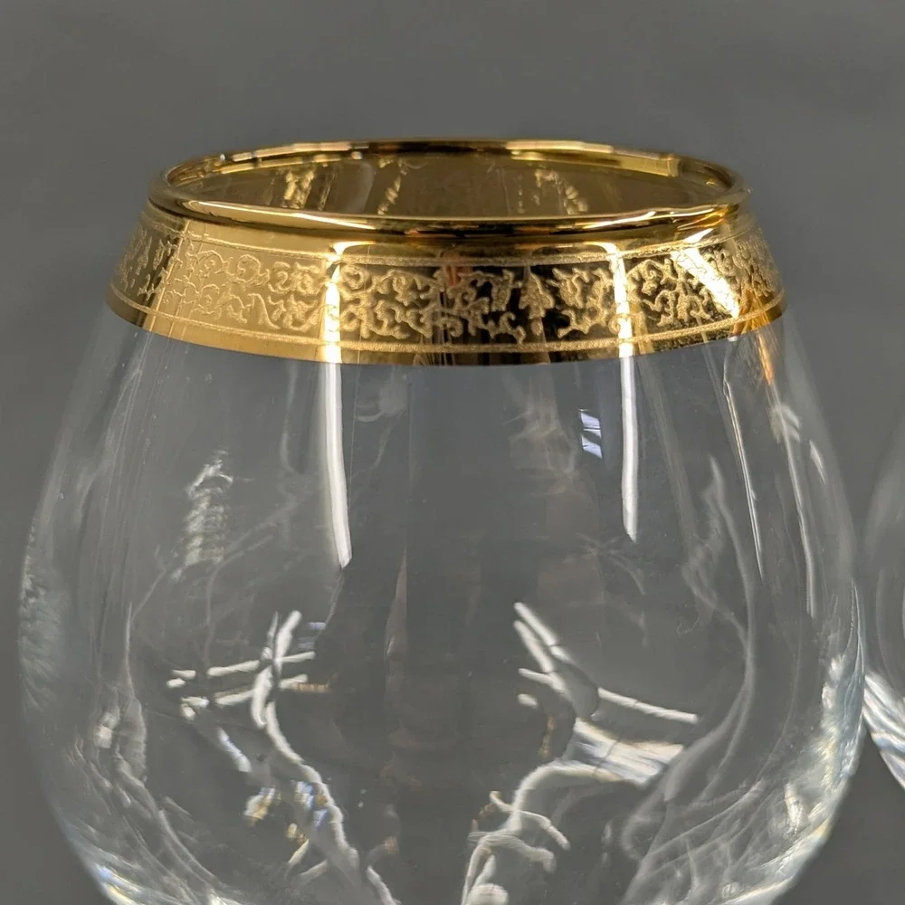 Vintage Gold Filigree Rim Brandy Snifter Glass Set of 2 Clear Glass 5 Inch